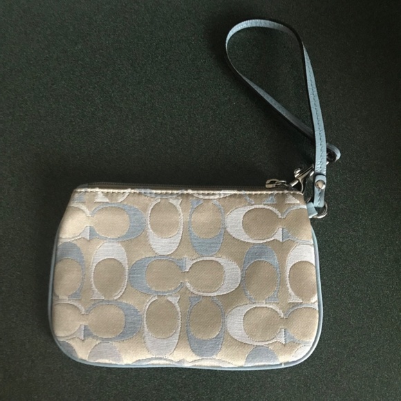Coach Blue/Tan Canvas Leather Wristlet Mini Pouch - Picture 7 of 15